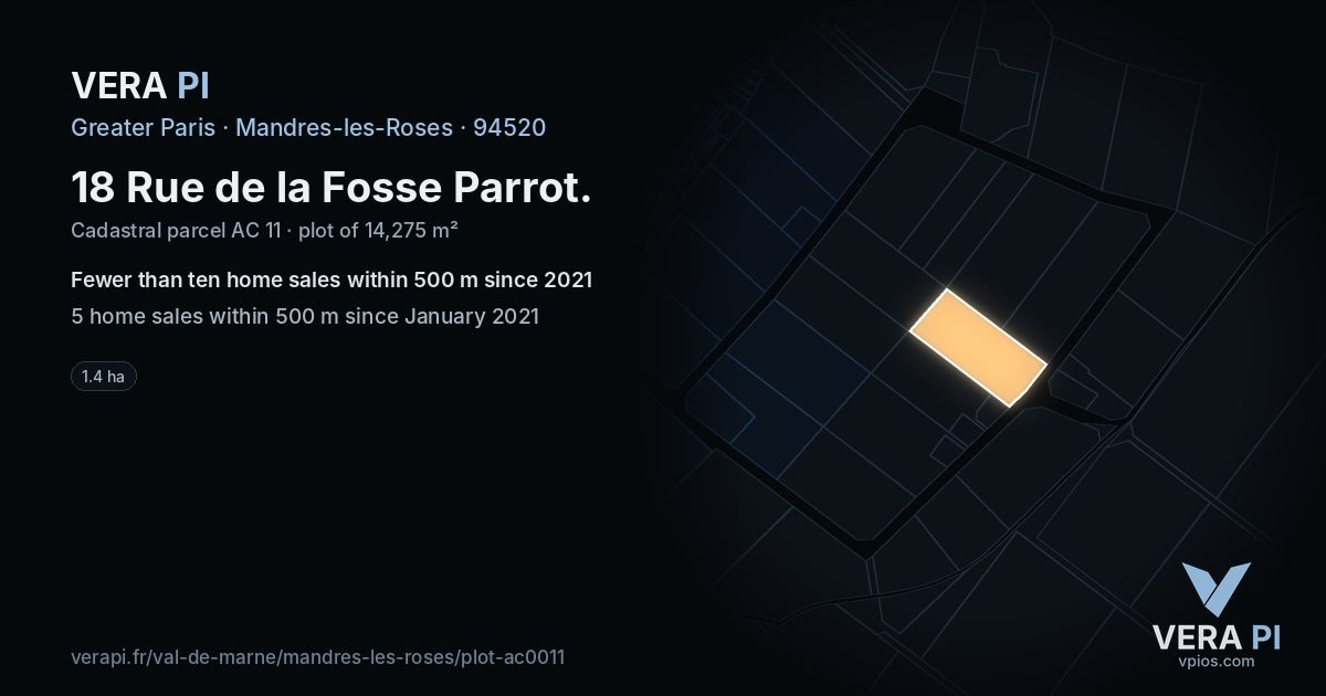 18 Rue de la Fosse Parrot, Mandres-les-Roses at night – the plot lit, the parcels around coloured by the prices near them