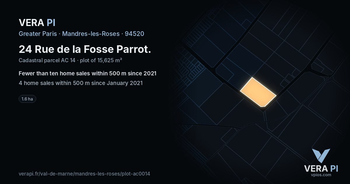 24 Rue de la Fosse Parrot, Mandres-les-Roses at night – the plot lit, the parcels around coloured by the prices near them
