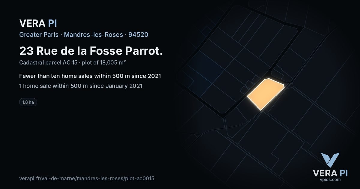 23 Rue de la Fosse Parrot, Mandres-les-Roses at night – the plot lit, the parcels around coloured by the prices near them