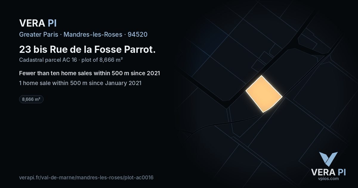23 bis Rue de la Fosse Parrot, Mandres-les-Roses at night – the plot lit, the parcels around coloured by the prices near them