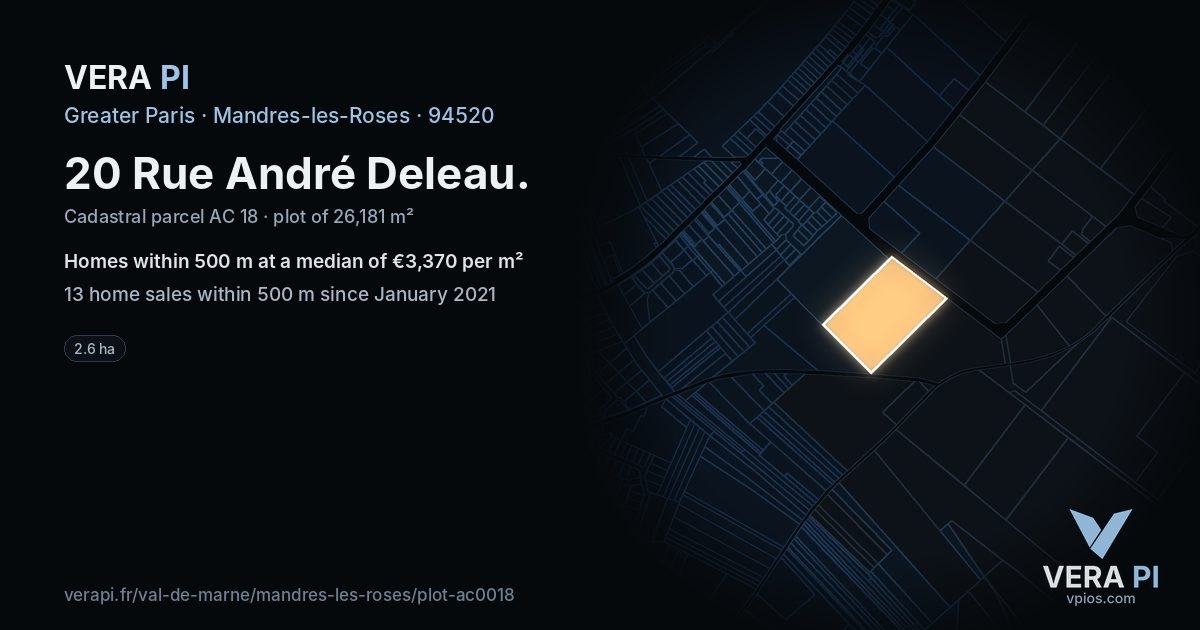 20 Rue André Deleau, Mandres-les-Roses at night – the plot lit, the parcels around coloured by the prices near them