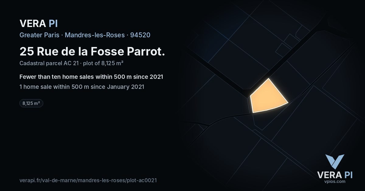 25 Rue de la Fosse Parrot, Mandres-les-Roses at night – the plot lit, the parcels around coloured by the prices near them