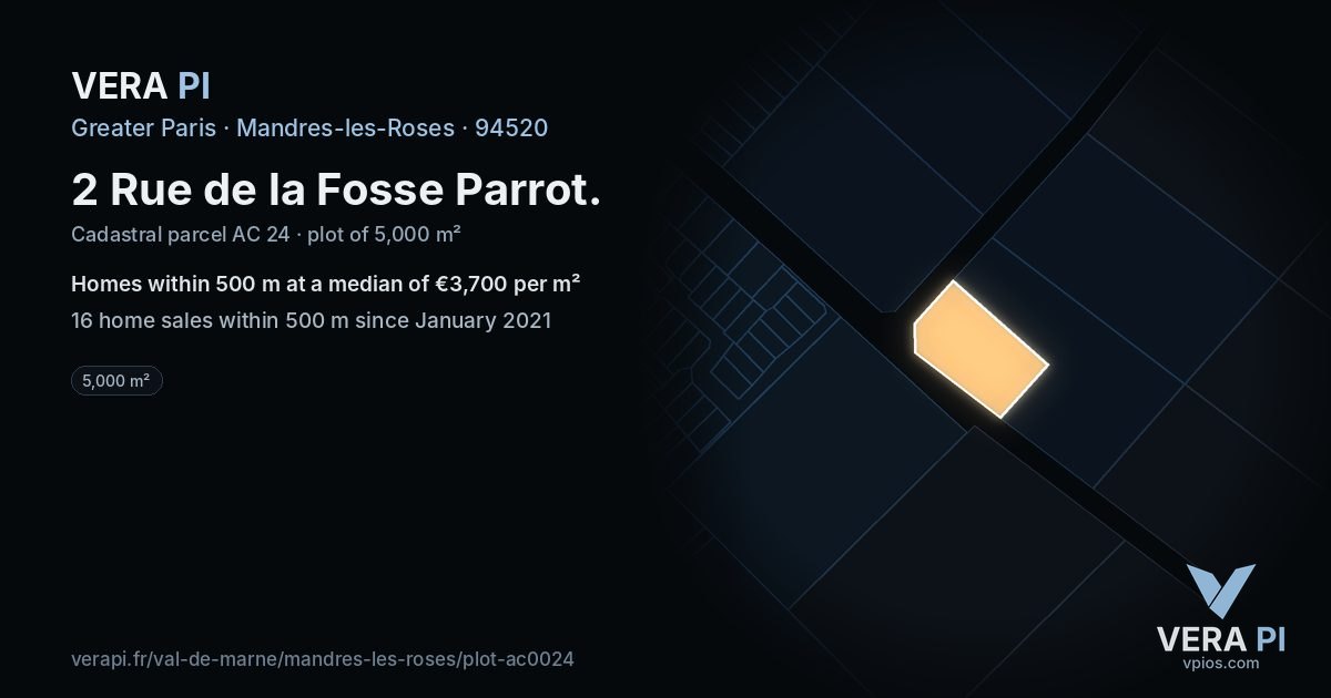 2 Rue de la Fosse Parrot, Mandres-les-Roses at night – the plot lit, the parcels around coloured by the prices near them