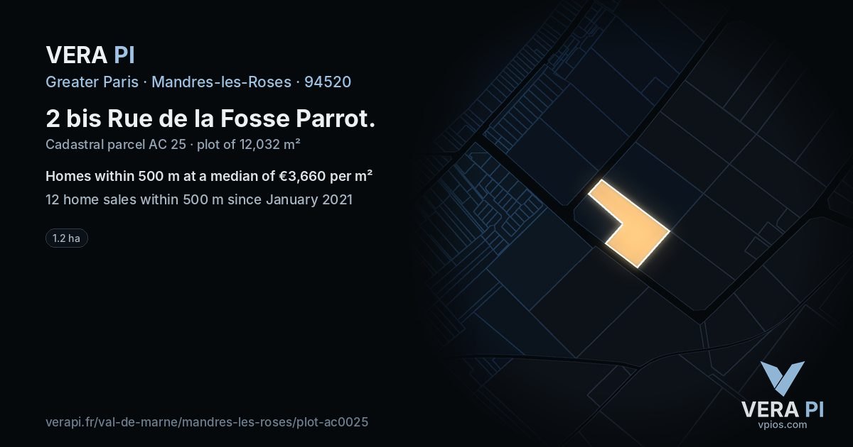 2 bis Rue de la Fosse Parrot, Mandres-les-Roses at night – the plot lit, the parcels around coloured by the prices near them