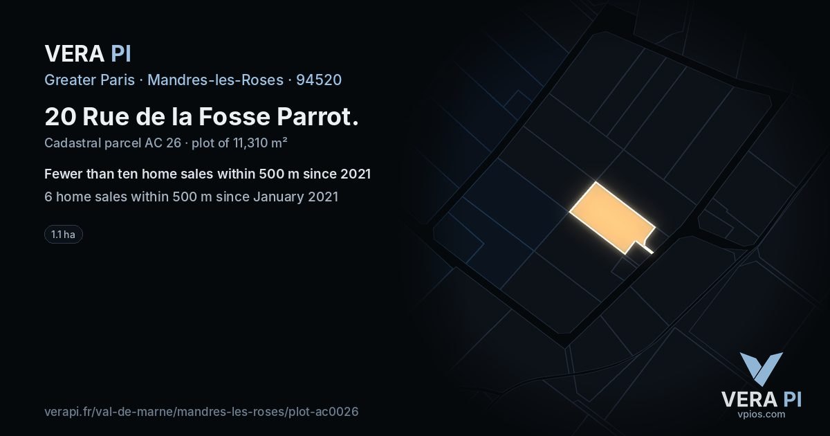20 Rue de la Fosse Parrot, Mandres-les-Roses at night – the plot lit, the parcels around coloured by the prices near them