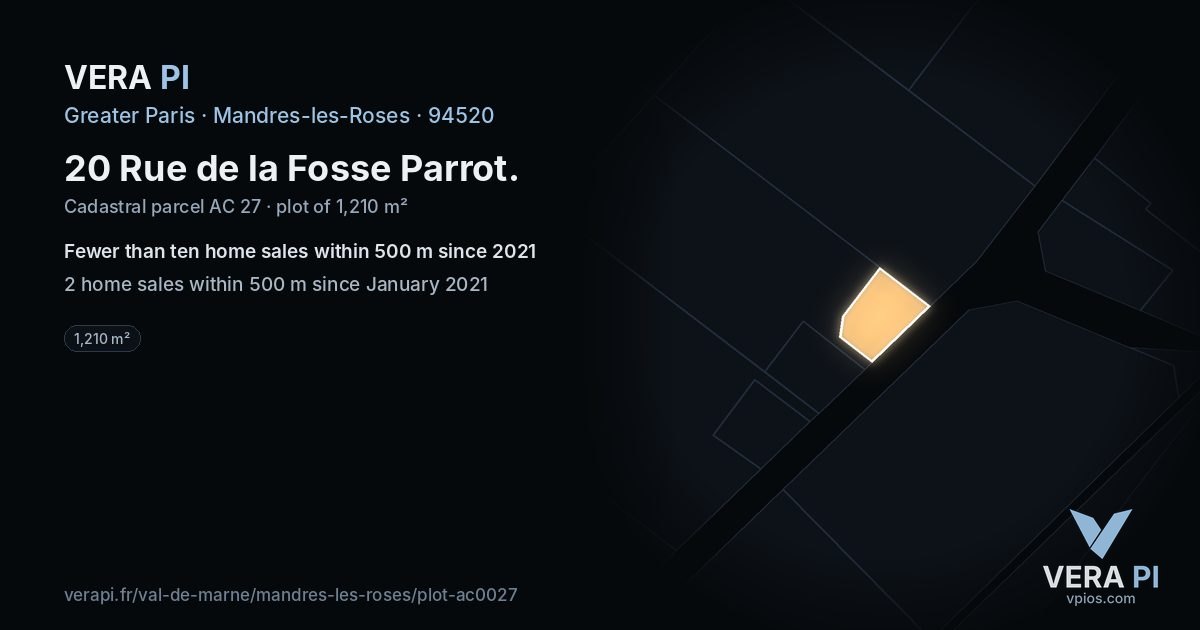 20 Rue de la Fosse Parrot, Mandres-les-Roses at night – the plot lit, the parcels around coloured by the prices near them