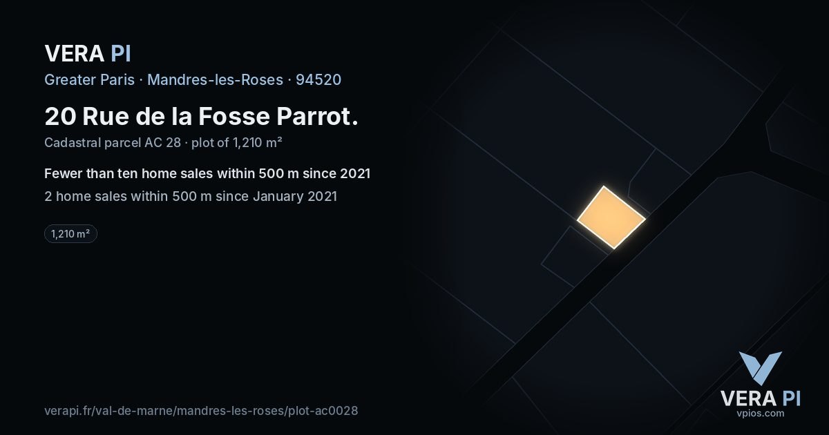 20 Rue de la Fosse Parrot, Mandres-les-Roses at night – the plot lit, the parcels around coloured by the prices near them
