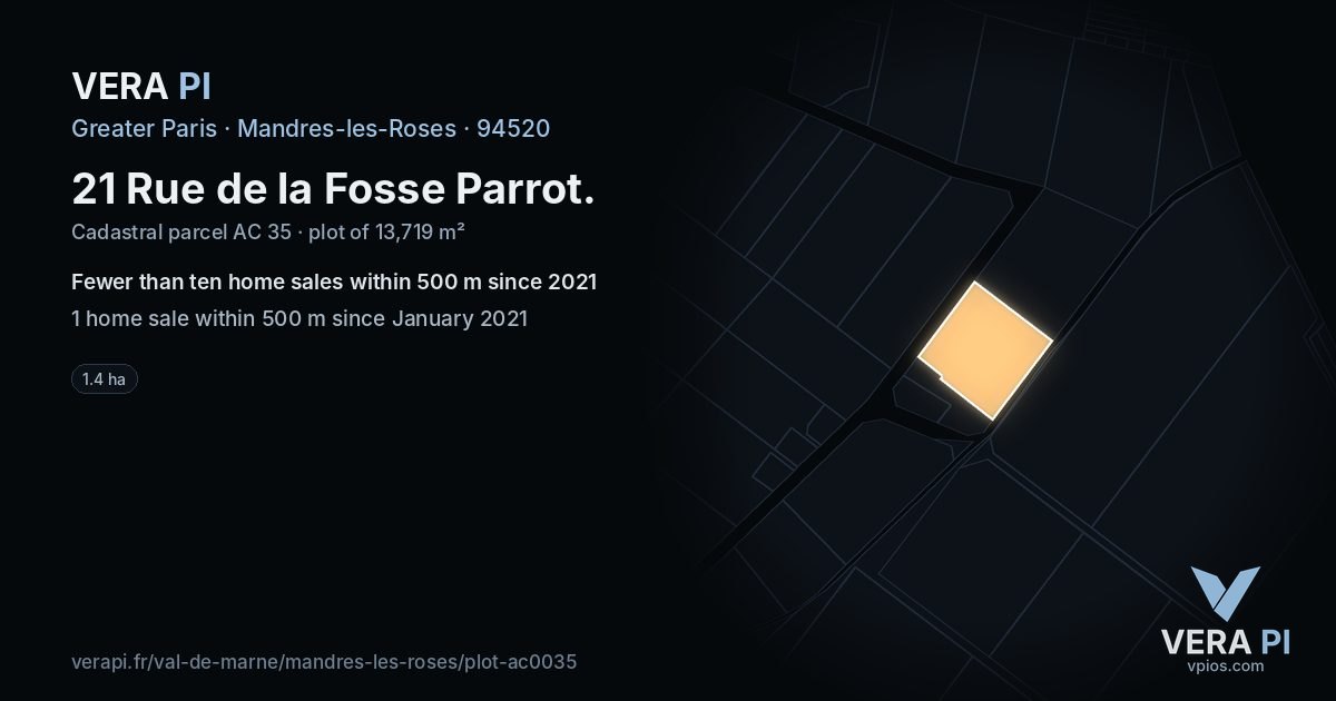 21 Rue de la Fosse Parrot, Mandres-les-Roses at night – the plot lit, the parcels around coloured by the prices near them