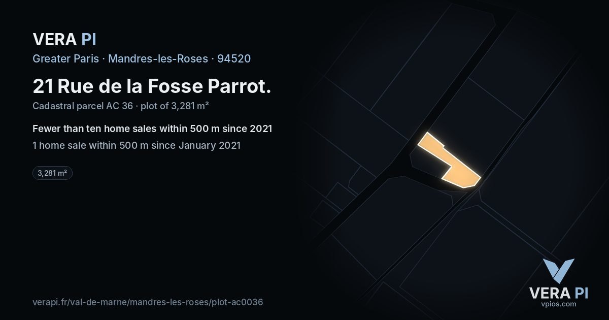 21 Rue de la Fosse Parrot, Mandres-les-Roses at night – the plot lit, the parcels around coloured by the prices near them