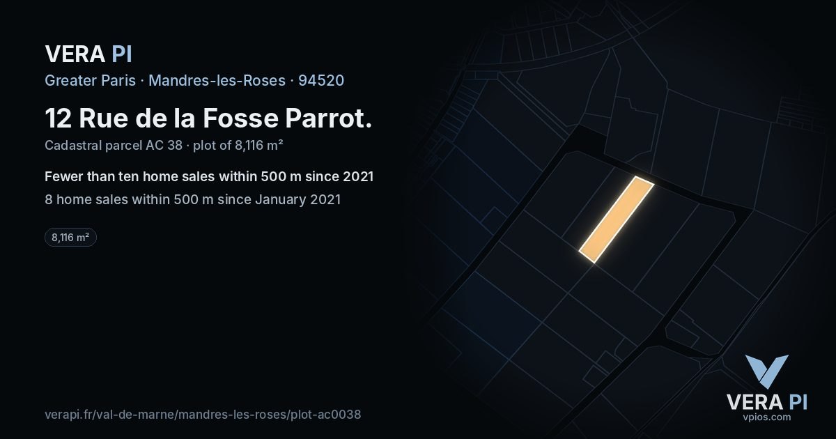 12 Rue de la Fosse Parrot, Mandres-les-Roses at night – the plot lit, the parcels around coloured by the prices near them