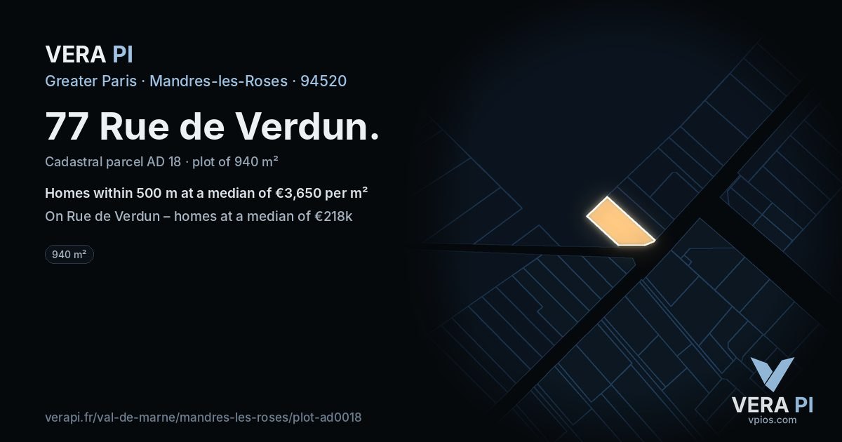 77 Rue de Verdun, Mandres-les-Roses at night – the plot lit, the parcels around coloured by the prices near them