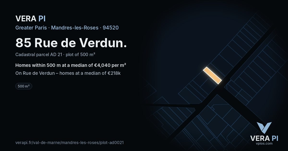 85 Rue de Verdun, Mandres-les-Roses at night – the plot lit, the parcels around coloured by the prices near them