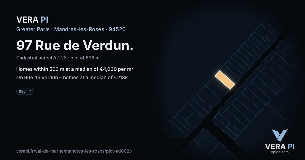 97 Rue de Verdun, Mandres-les-Roses at night – the plot lit, the parcels around coloured by the prices near them