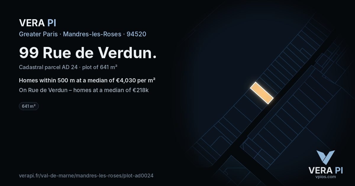 99 Rue de Verdun, Mandres-les-Roses at night – the plot lit, the parcels around coloured by the prices near them