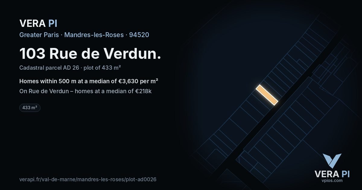 103 Rue de Verdun, Mandres-les-Roses at night – the plot lit, the parcels around coloured by the prices near them