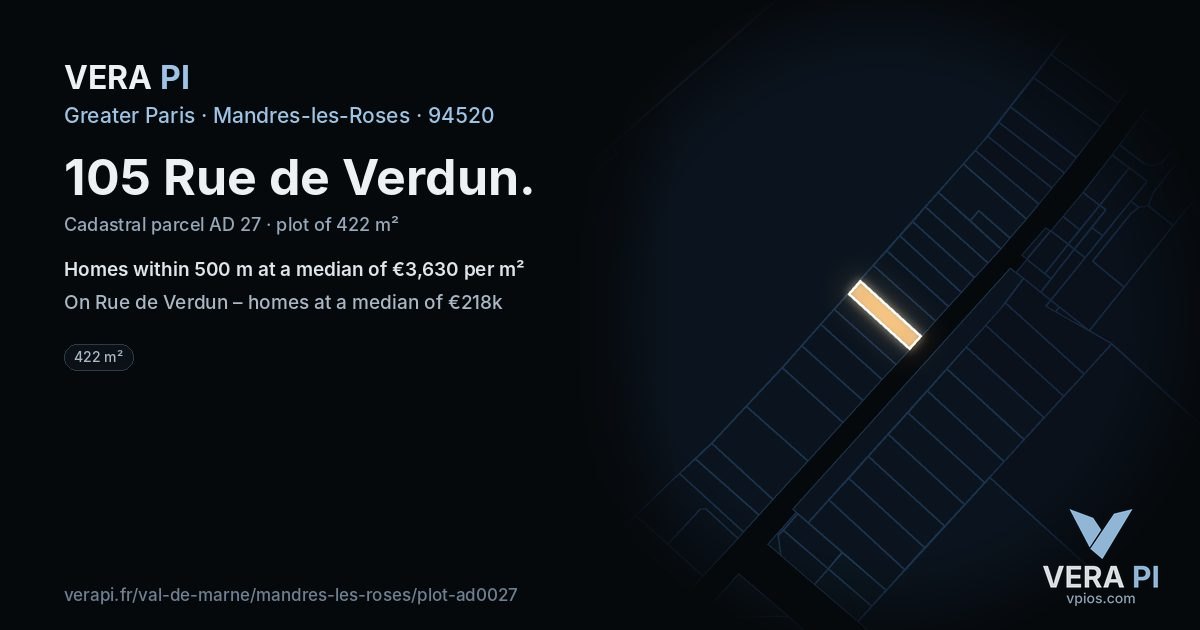 105 Rue de Verdun, Mandres-les-Roses at night – the plot lit, the parcels around coloured by the prices near them