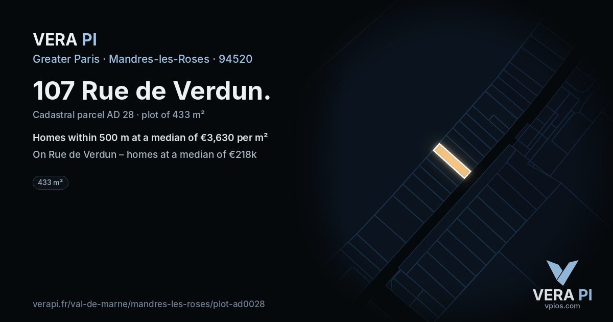 107 Rue de Verdun, Mandres-les-Roses at night – the plot lit, the parcels around coloured by the prices near them