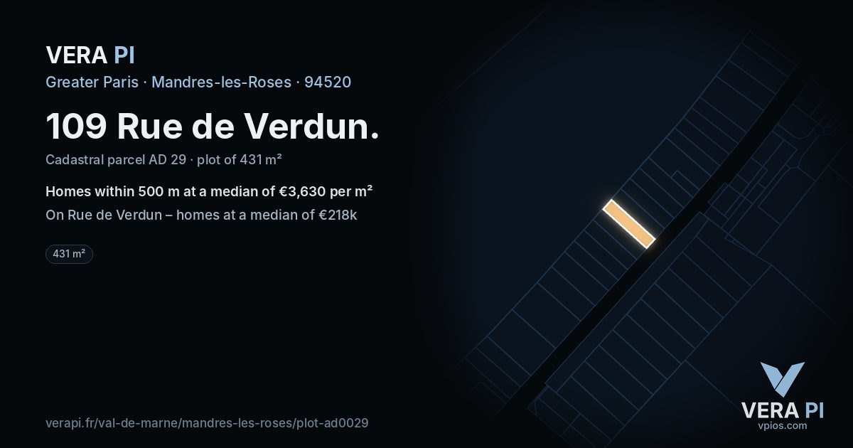109 Rue de Verdun, Mandres-les-Roses at night – the plot lit, the parcels around coloured by the prices near them