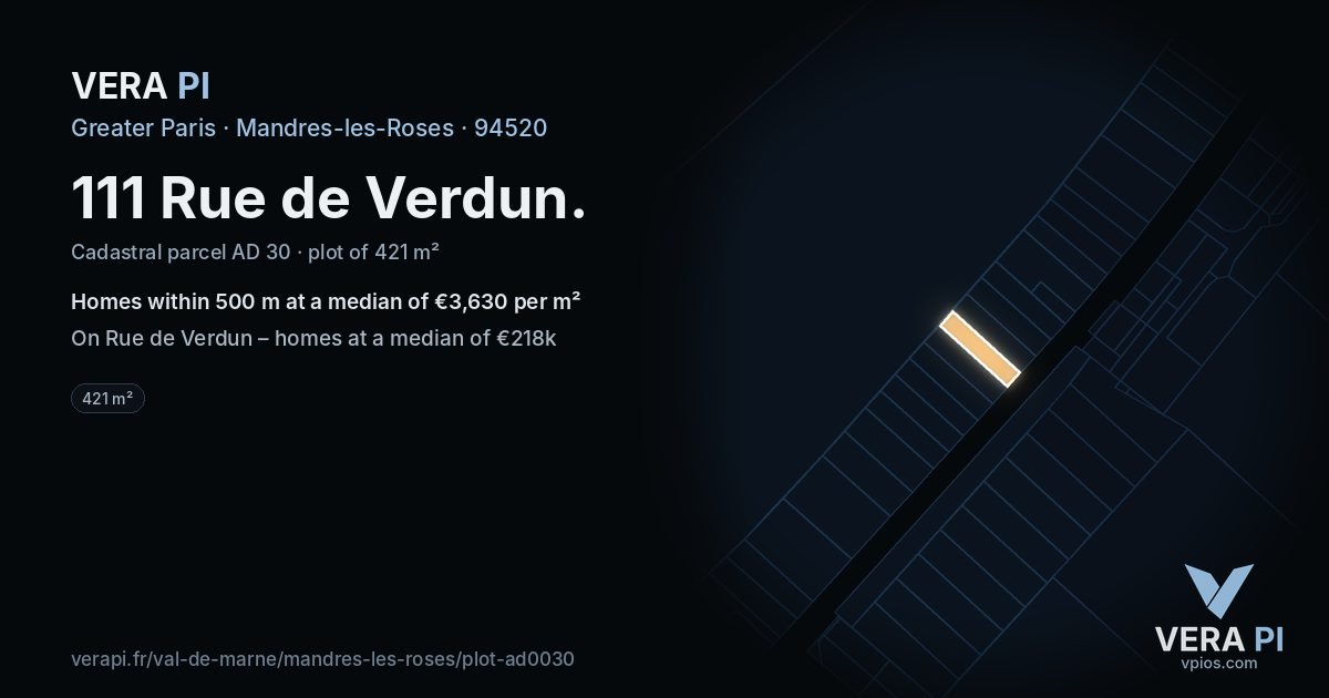 111 Rue de Verdun, Mandres-les-Roses at night – the plot lit, the parcels around coloured by the prices near them