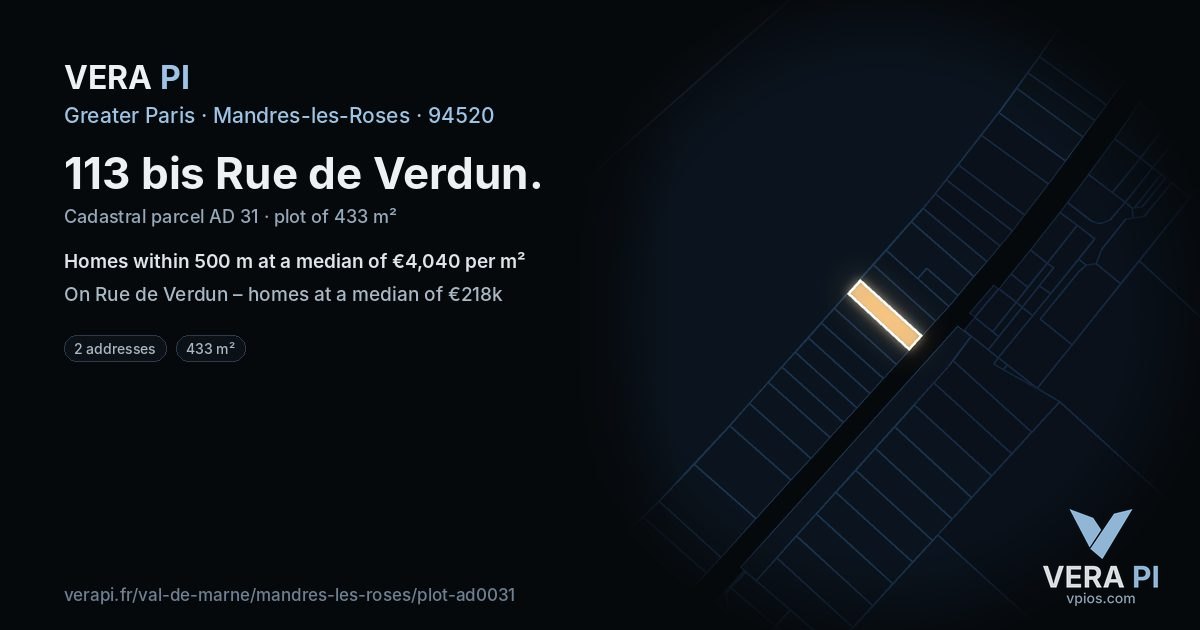 113 bis Rue de Verdun, Mandres-les-Roses at night – the plot lit, the parcels around coloured by the prices near them