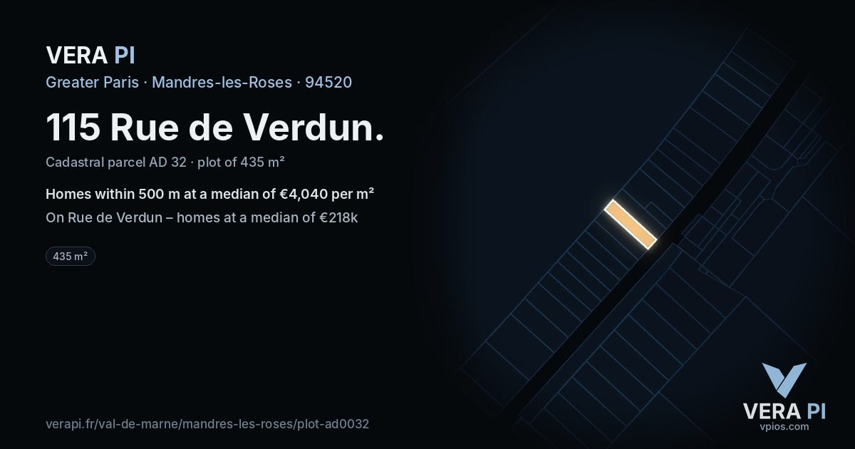115 Rue de Verdun, Mandres-les-Roses at night – the plot lit, the parcels around coloured by the prices near them
