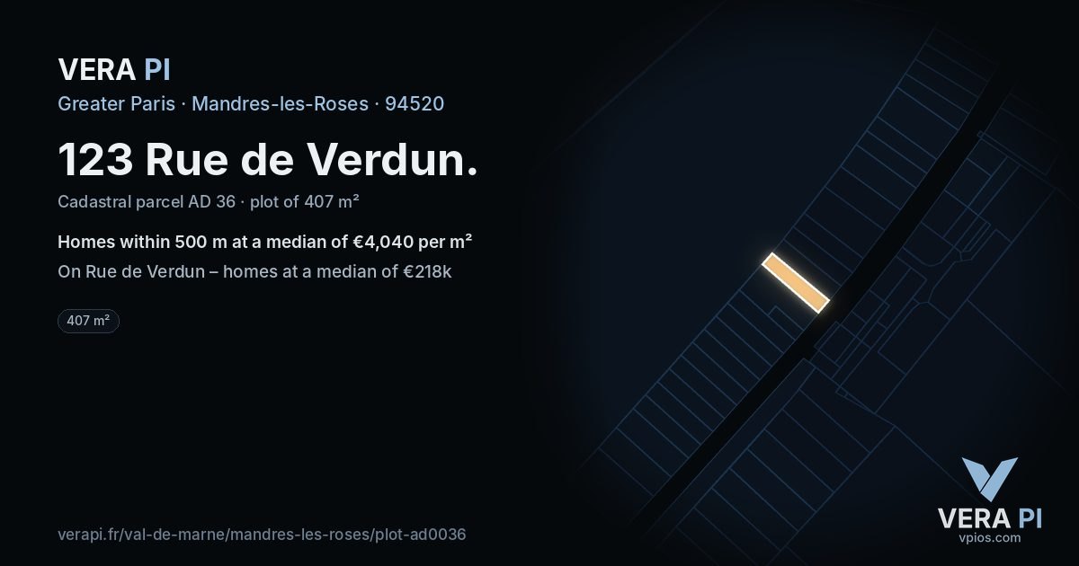 123 Rue de Verdun, Mandres-les-Roses at night – the plot lit, the parcels around coloured by the prices near them