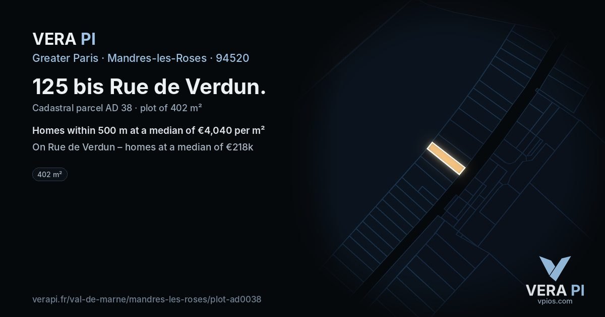 125 bis Rue de Verdun, Mandres-les-Roses at night – the plot lit, the parcels around coloured by the prices near them