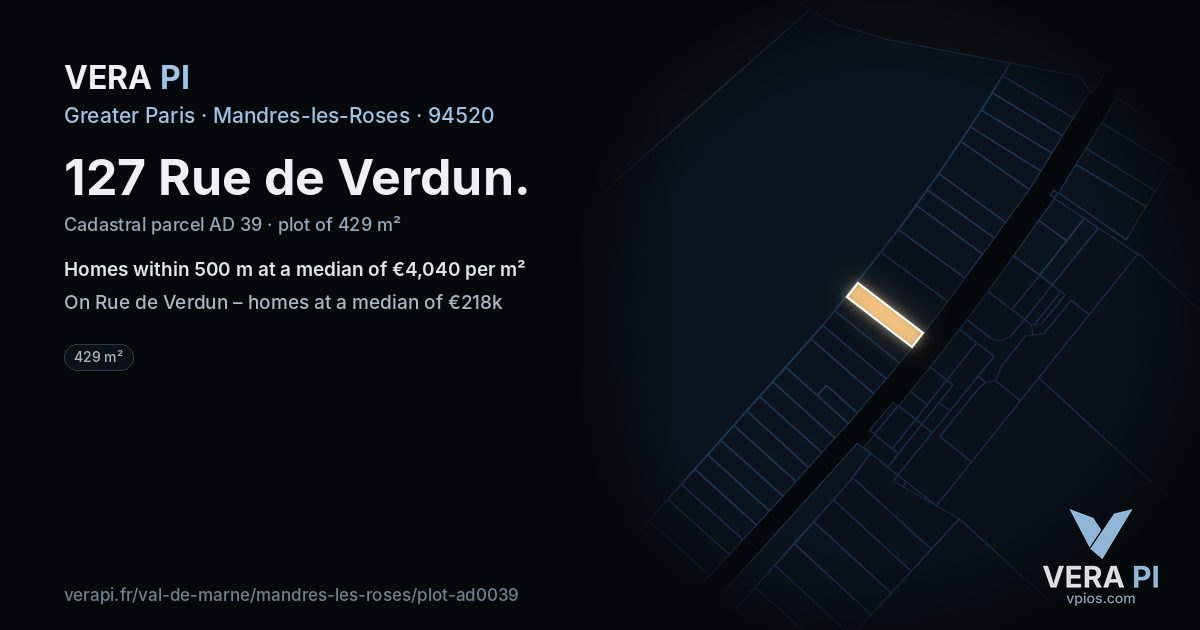 127 Rue de Verdun, Mandres-les-Roses at night – the plot lit, the parcels around coloured by the prices near them