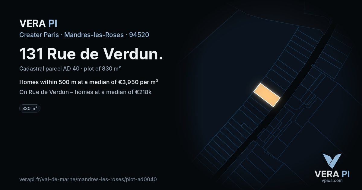 131 Rue de Verdun, Mandres-les-Roses at night – the plot lit, the parcels around coloured by the prices near them