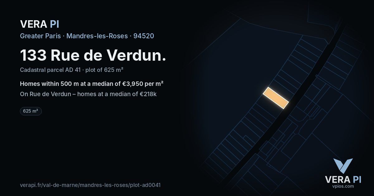 133 Rue de Verdun, Mandres-les-Roses at night – the plot lit, the parcels around coloured by the prices near them