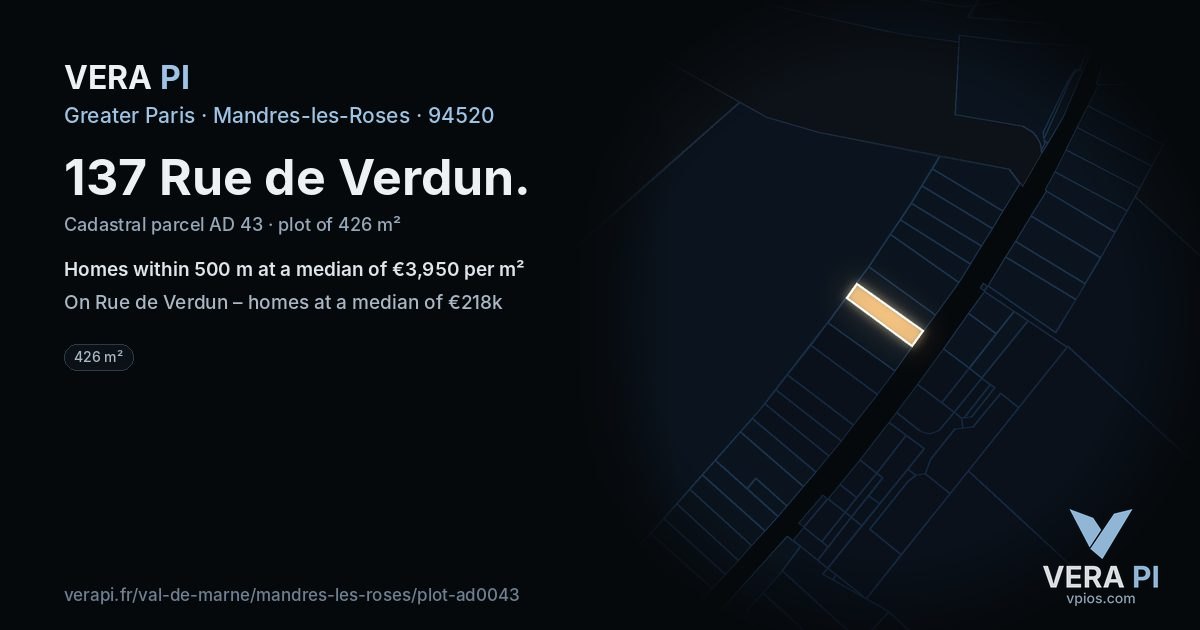 137 Rue de Verdun, Mandres-les-Roses at night – the plot lit, the parcels around coloured by the prices near them