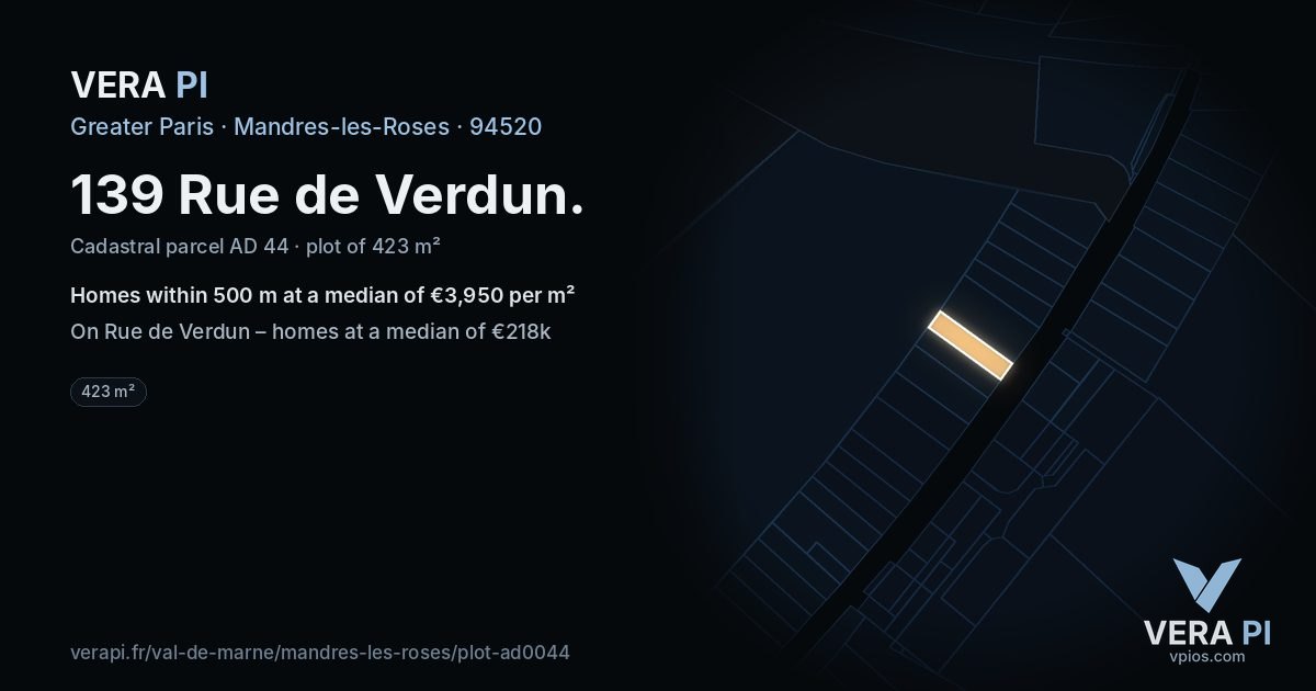 139 Rue de Verdun, Mandres-les-Roses at night – the plot lit, the parcels around coloured by the prices near them