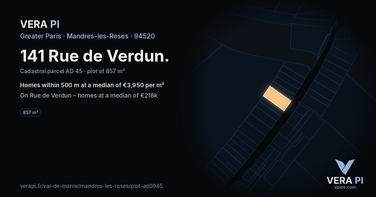 141 Rue de Verdun, Mandres-les-Roses at night – the plot lit, the parcels around coloured by the prices near them