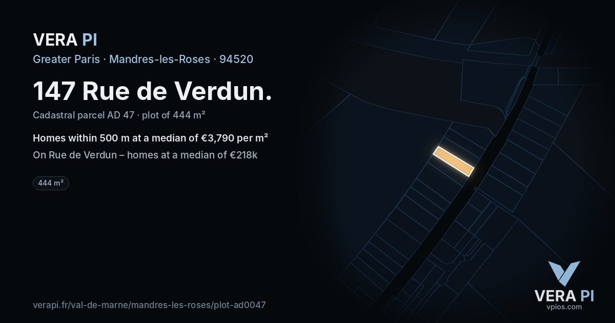 147 Rue de Verdun, Mandres-les-Roses at night – the plot lit, the parcels around coloured by the prices near them