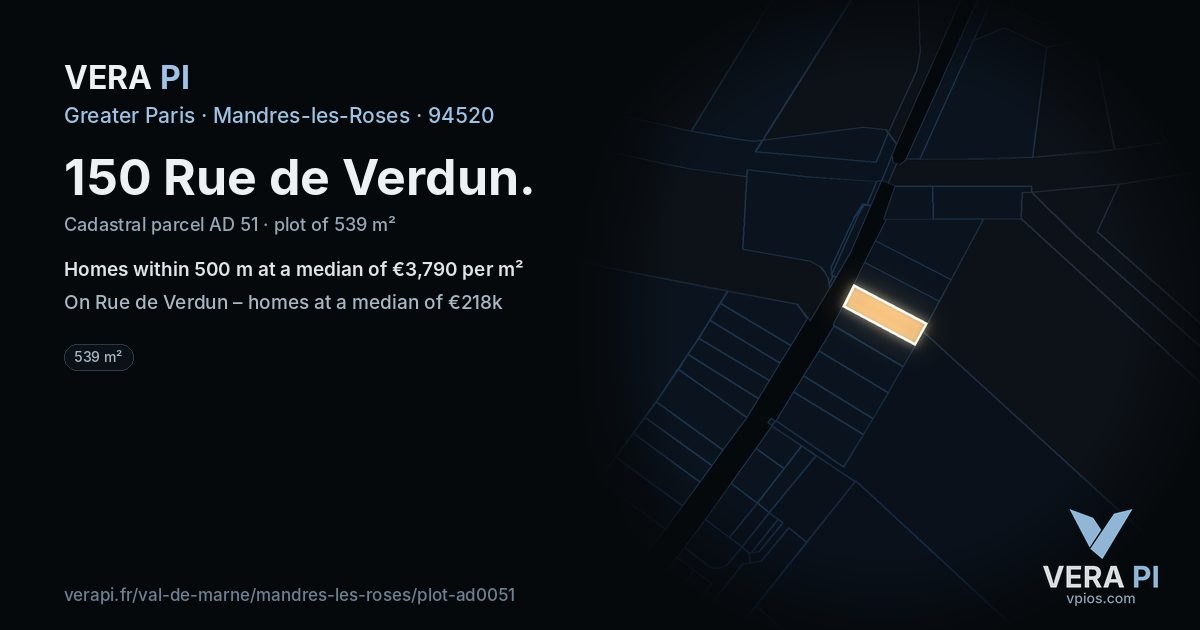 150 Rue de Verdun, Mandres-les-Roses at night – the plot lit, the parcels around coloured by the prices near them