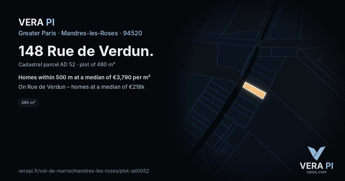 148 Rue de Verdun, Mandres-les-Roses at night – the plot lit, the parcels around coloured by the prices near them