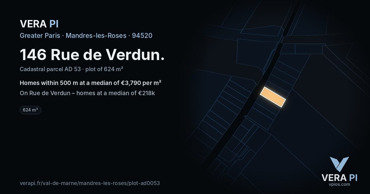 146 Rue de Verdun, Mandres-les-Roses at night – the plot lit, the parcels around coloured by the prices near them
