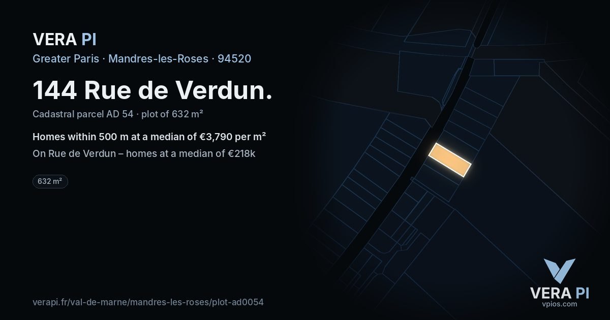 144 Rue de Verdun, Mandres-les-Roses at night – the plot lit, the parcels around coloured by the prices near them