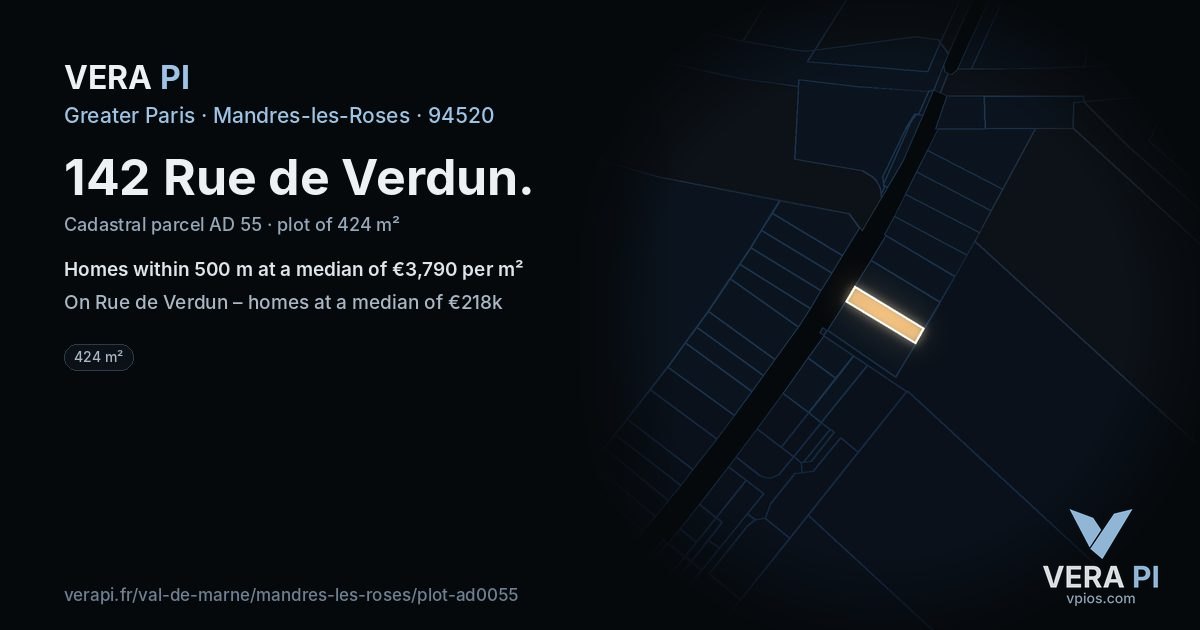 142 Rue de Verdun, Mandres-les-Roses at night – the plot lit, the parcels around coloured by the prices near them