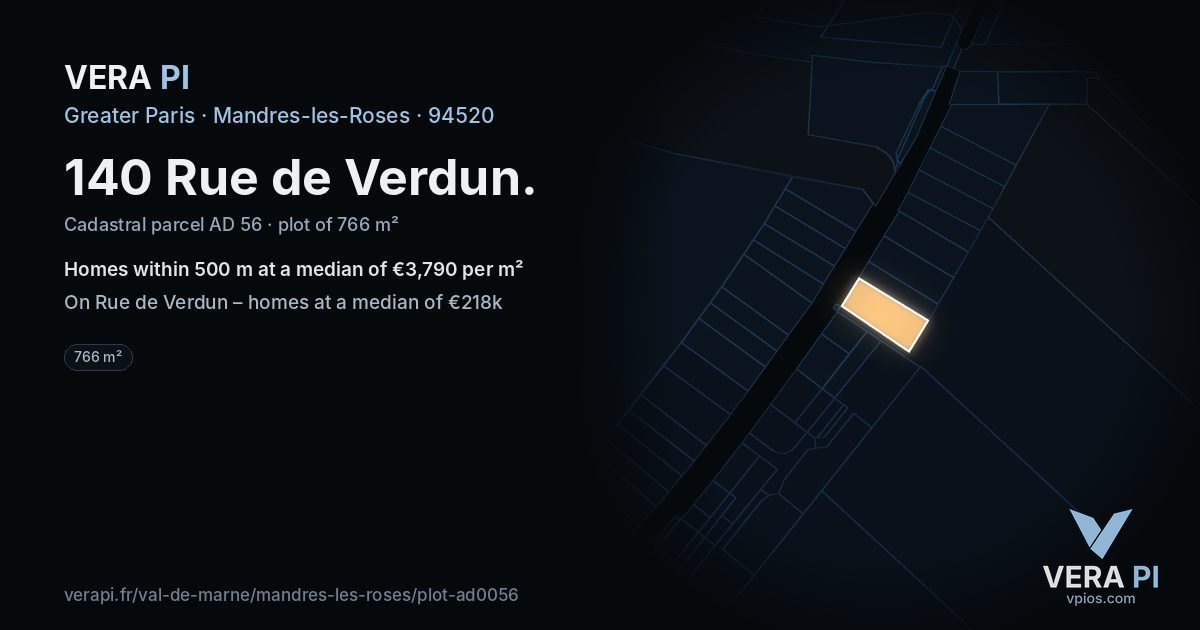 140 Rue de Verdun, Mandres-les-Roses at night – the plot lit, the parcels around coloured by the prices near them