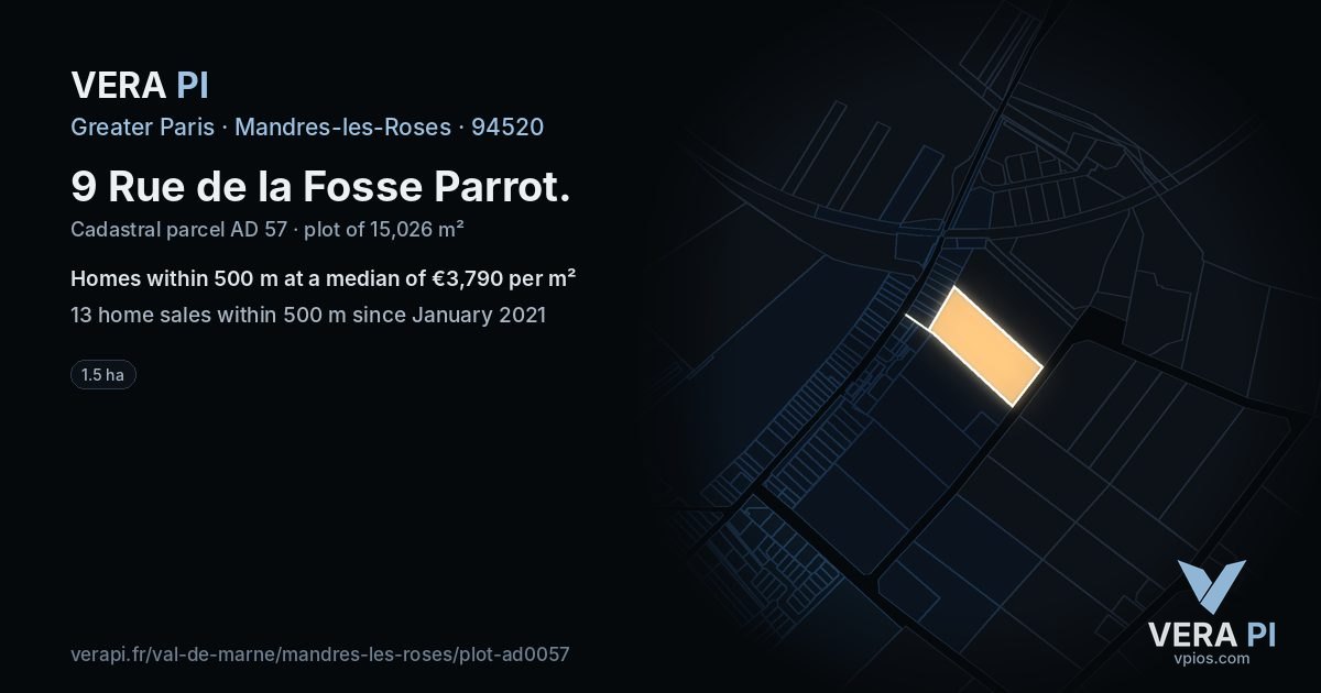 9 Rue de la Fosse Parrot, Mandres-les-Roses at night – the plot lit, the parcels around coloured by the prices near them