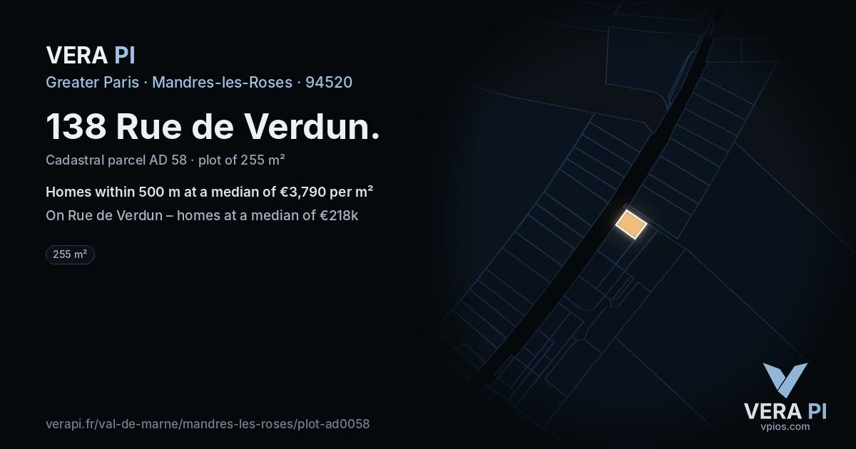 138 Rue de Verdun, Mandres-les-Roses at night – the plot lit, the parcels around coloured by the prices near them