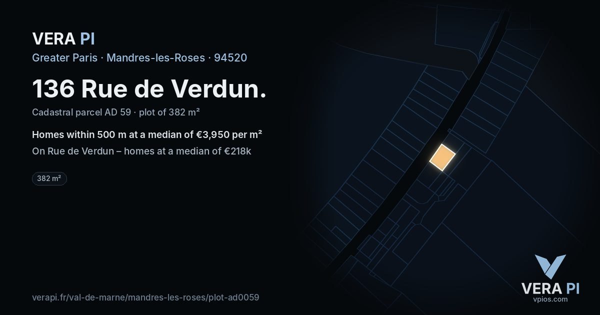 136 Rue de Verdun, Mandres-les-Roses at night – the plot lit, the parcels around coloured by the prices near them