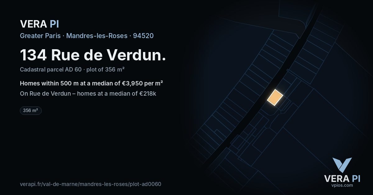 134 Rue de Verdun, Mandres-les-Roses at night – the plot lit, the parcels around coloured by the prices near them