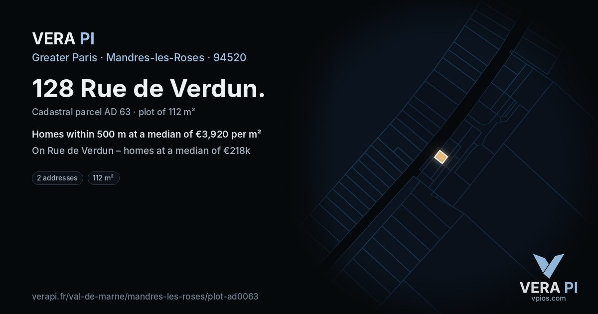 128 Rue de Verdun, Mandres-les-Roses at night – the plot lit, the parcels around coloured by the prices near them