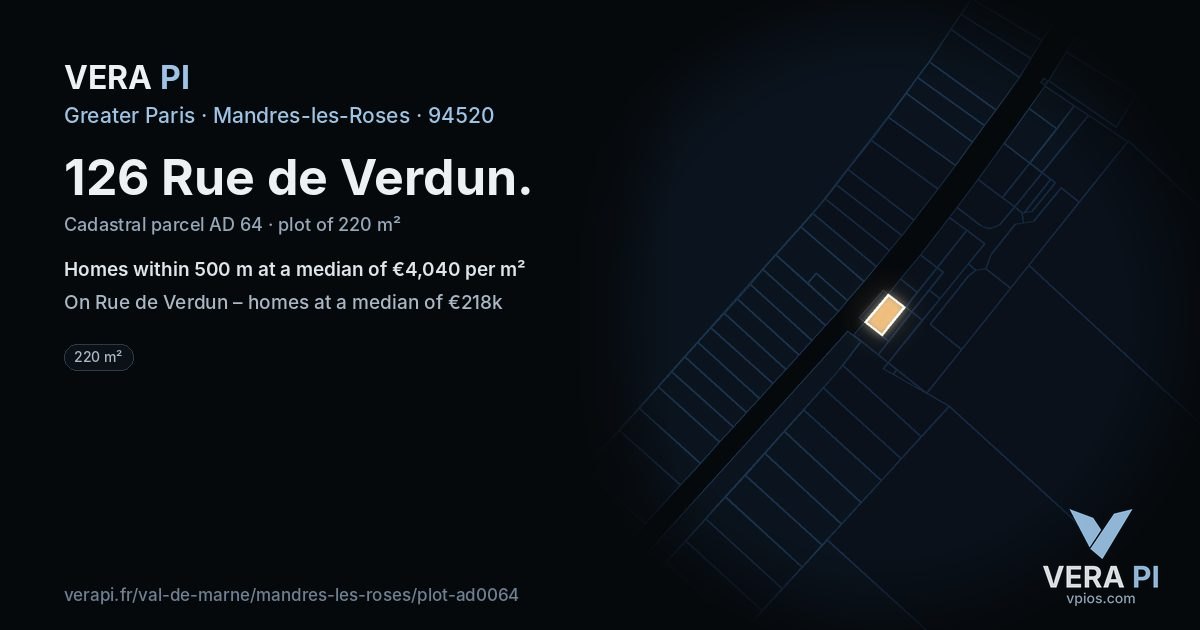 126 Rue de Verdun, Mandres-les-Roses at night – the plot lit, the parcels around coloured by the prices near them