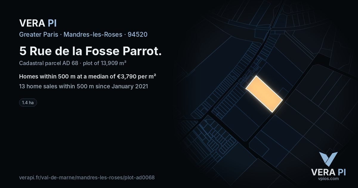 5 Rue de la Fosse Parrot, Mandres-les-Roses at night – the plot lit, the parcels around coloured by the prices near them