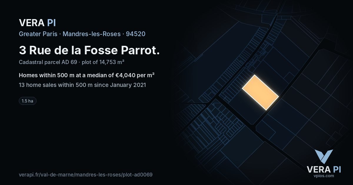3 Rue de la Fosse Parrot, Mandres-les-Roses at night – the plot lit, the parcels around coloured by the prices near them