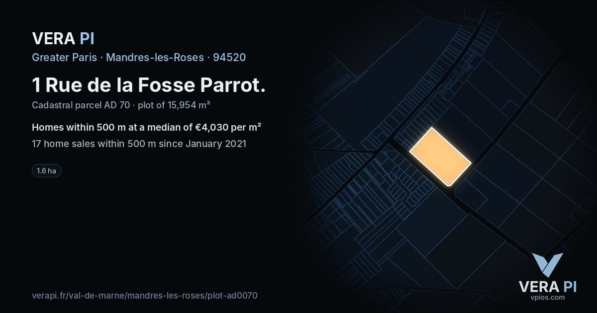 1 Rue de la Fosse Parrot, Mandres-les-Roses at night – the plot lit, the parcels around coloured by the prices near them