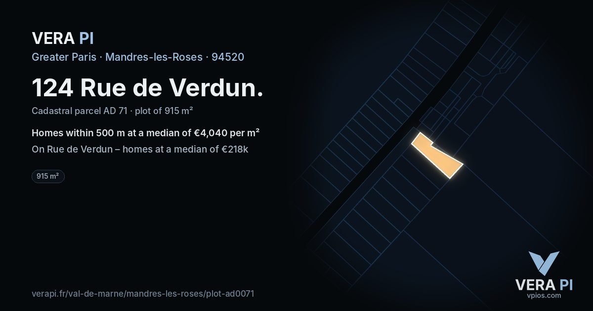 124 Rue de Verdun, Mandres-les-Roses at night – the plot lit, the parcels around coloured by the prices near them